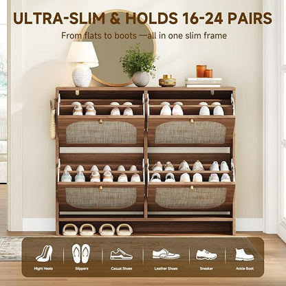 Nicetree Freestanding Arched Rattan Accent Ultra Slim Shoe Cabinet for Entryway - 4 Flip Drawers & 3-Tier Adjustable Shelves, Farmhouse Modern Rustic Shoe Rack for Hallway, Foyer, Living Room