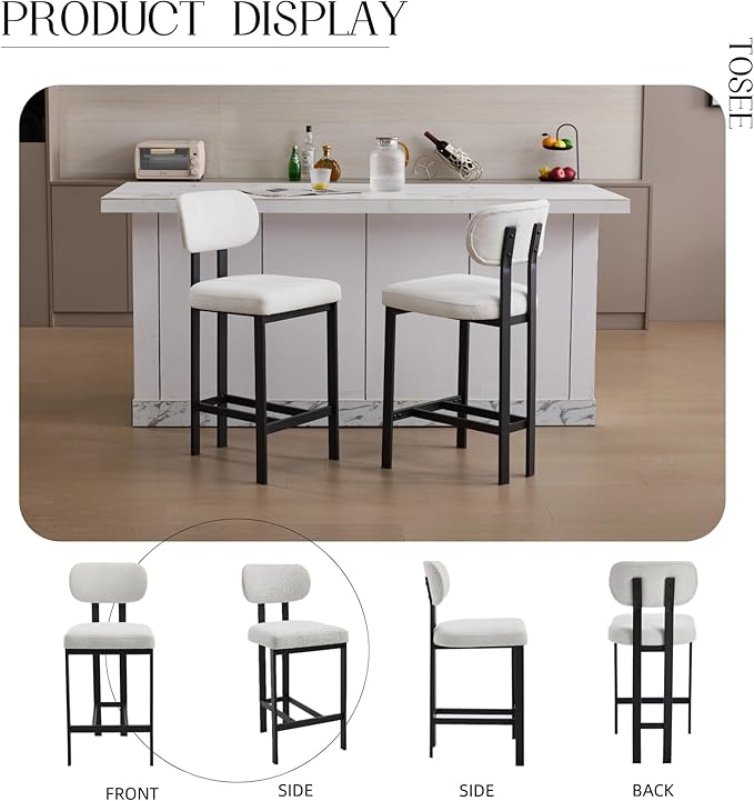 Bar Stools Set of 2, 26 inch Counter Height - Modern Upholstered Kitchen Island Chairs with Metal Legs for Dining & Bar Areas