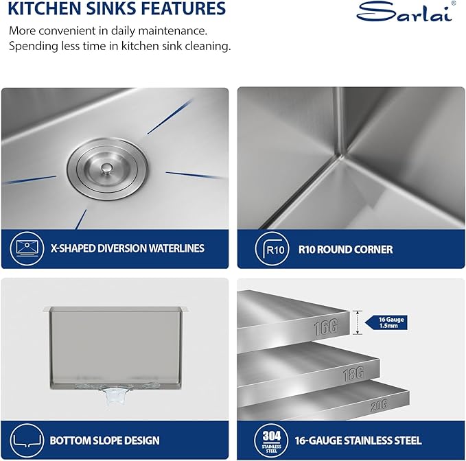 Sarlai 23 Inch Undermount Laundry Sink - 23x19 Inch Extra Deep Single Bowl Stainless Steel Utility Sink Workstation Basin