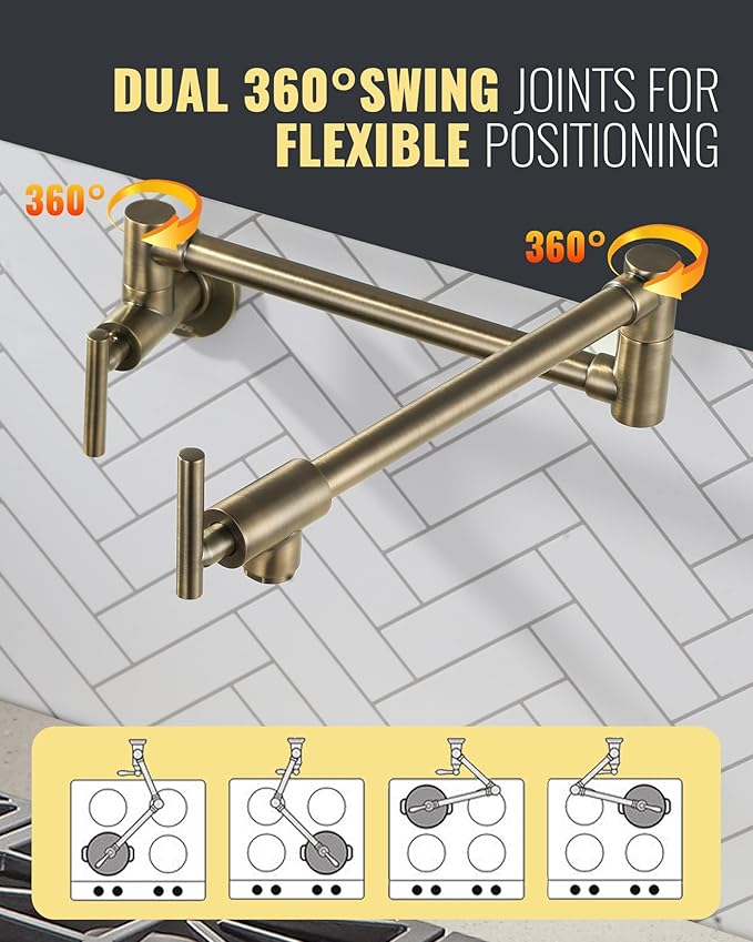 Pot Filler Faucet Green Bronze, WOWOW Brass Pot Filler Wall Mount Kitchen Stove Faucet with Double Joint Swing Arms