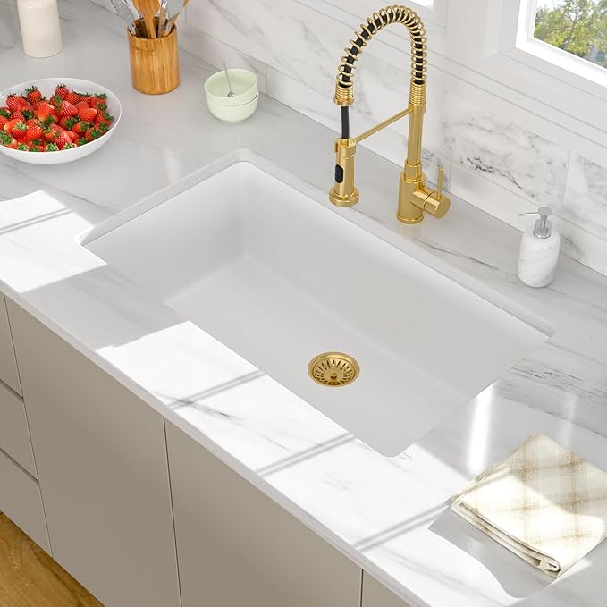 33 Granite Composite Kitchen Sink - Beslend 33x19 Inch Granite Kitchen Sink Undermount White Quartz Sink Classic Under Counter Single Bowl Sink Basin
