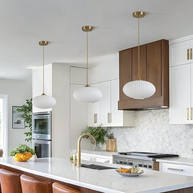 White Milk Glass Pendant Lights Kitchen Island Mid Century Modern Globe Pendant Lamp White and Gold Hanging Light Fixture Antique Brass Hanging Lights (2 Pack)