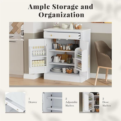 Modern Freestanding Kitchen Pantry Buffet Food Storage and Coffee Station Cabinet with Drawer 2 Adjustable Shelves and 2 Door Shelves Practical(White)