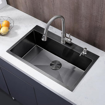 30 inch Drop in Black Kitchen Sink, Single Bowl Stainless Steel Handmade Topmount Kitchen Sinks with Dish Grid and Drain