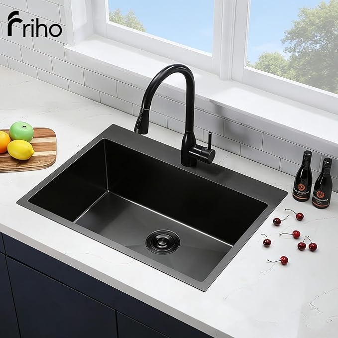 33x22 Black Drop In Kitchen Sink, 33 Inch Stainless Steel Top Mount Single Bowl Sink with Drain Strainer