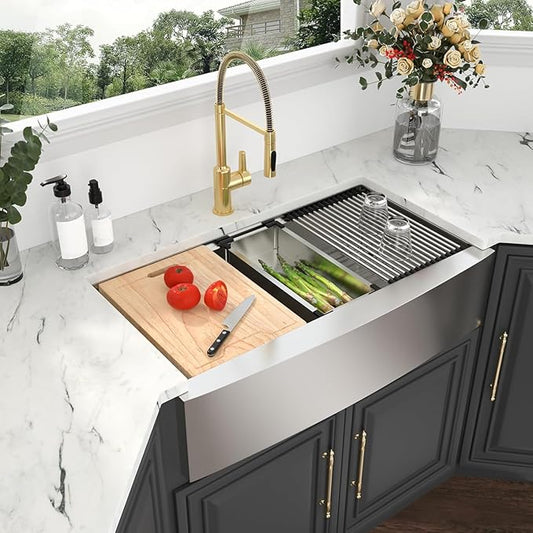 Kichae 36 Inch Farmhouse Kitchen Sink Ledge Workstation Apron Front Farmer Sink 16 Gauge Stainless Steel Single Bowl Handmade Under Counter Basin with Accessories