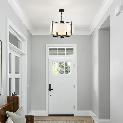 19.7" Drum Pendant Light Fixture, 4 Light Drum Chandelier with Wihte Fabric Lampshade, Farmhouse Kitchen Island Chandeliers over Table Black Hanging Lights Fixture for Dining Room Bedroom Living Room