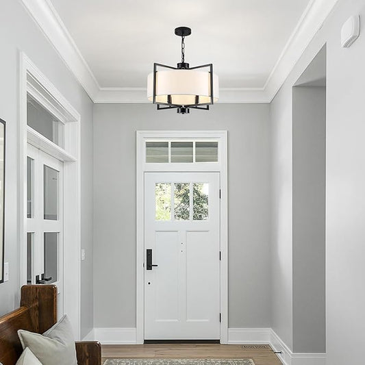 19.7" Drum Pendant Light Fixture, 4 Light Drum Chandelier with Wihte Fabric Lampshade, Farmhouse Kitchen Island Chandeliers over Table Black Hanging Lights Fixture for Dining Room Bedroom Living Room
