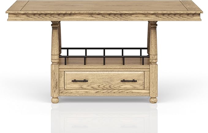 Caramel Finish Counter Table - Rustic Wooden Kitchen Island with Two Drawers and Towel Rack for Small Spaces and Entertaining