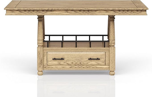 Caramel Finish Counter Table - Rustic Wooden Kitchen Island with Two Drawers and Towel Rack for Small Spaces and Entertaining