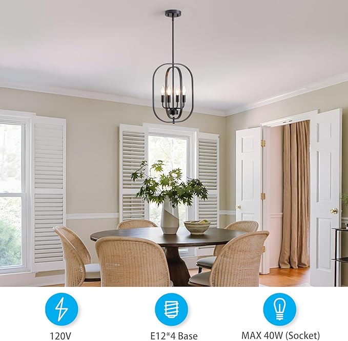 XINGQI Modern Chandeliers for Dining Room, 12.2" Farmhouse Rustic Geometric Pendant Lighting Fixture Metal Black 4-Light Ceiling Lamp for Entryway Bedroom Hallway Foyer Kitchen Office Bar
