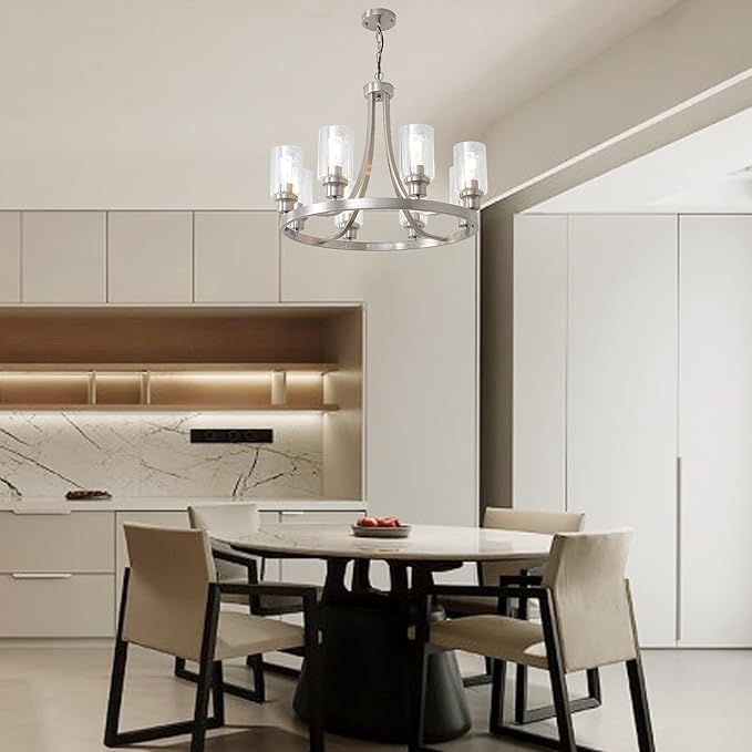 Modern Brushed Nickel Chandelier 8 Lights, Dining Room Lighting Fixtures Farmhouse Chandelier Hanging Industrial Pendant Lighting for Kitchen Island Dining Room