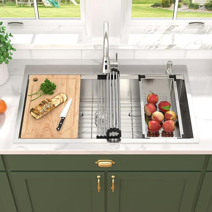 36 Inch Drop In Kitchen Sink with Faucet Combo - 36x22 Workstation All-In One 16 Gauge Stainless Steel Single Bowl Topmount Large Sink For Kitchen with Accessories, #TLT-0021