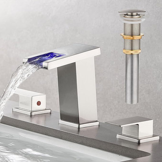 AVSIILE LED Bathroom Faucet 3 Hole, Brushed Nickel Waterfall Bathroom Faucets, 8 Inch Widespread Modern Bathroom Sink Faucet & Parts, Wide Spread Touch On Three Hole 2 Handle Bathroom Vanity Faucet