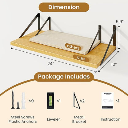 Acovy Deep Floating Shelves,24" Wx10 D Floating Shelf for Wall Set of 2,Hanging Storage Shelf with Metal Brackets,Wide Display Wall Shelves for Living Room,Bedroom,Bathroom,Kitchen,Oak