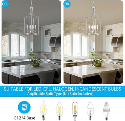 XINGQI Brushed Nickel Chandeliers for Dining Room,4 Light Hanging Lantern Pendant Light Fixture Metal Farmhouse Geometric Chandelier Cage Pendant for Kitchen Island Entryway Living Room
