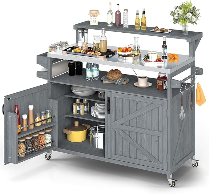 Zevemomo Outdoor Grill Cart with Raised Shelf, Stainless Steel Tabletop Outdoor Kitchen Island, Outdoor Buffet Cabinet with Lockable Wheels, Internal Storage Rack, Spice Rack for Grilling, Grey Blue
