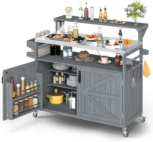 Zevemomo Outdoor Grill Cart with Raised Shelf, Stainless Steel Tabletop Outdoor Kitchen Island, Outdoor Buffet Cabinet with Lockable Wheels, Internal Storage Rack, Spice Rack for Grilling, Grey Blue