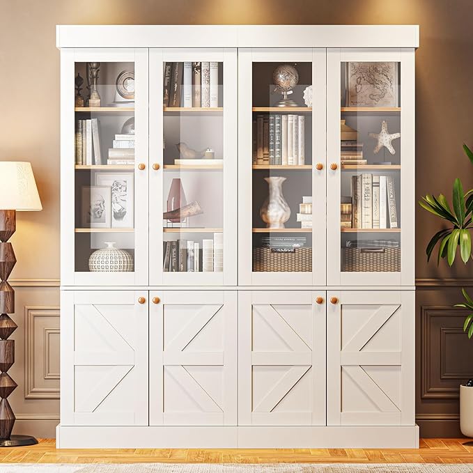 ivaniti 71" Tall Kitchen Pantry Cabinet, Rustic Farmhouse Storage Hutch with Glass Doors & Adjustable Shelves, Freestanding Wood Buffet Cabinet for Dining Room, Living Room, White