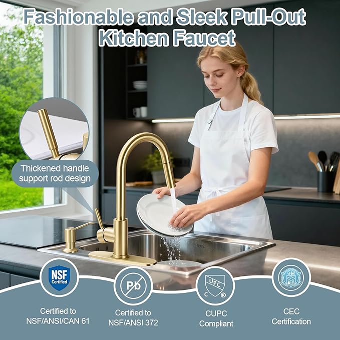 Gold Kitchen Faucets with Soap Dispenser, Single Handle High Arc Stainless Steel Sink Faucet with Pull Down Sprayer, 1 or 3 Hole Deck Plate Mount for Bar, RV, Laundry, Outdoor