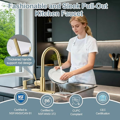 Gold Kitchen Faucets with Soap Dispenser, Single Handle High Arc Stainless Steel Sink Faucet with Pull Down Sprayer, 1 or 3 Hole Deck Plate Mount for Bar, RV, Laundry, Outdoor