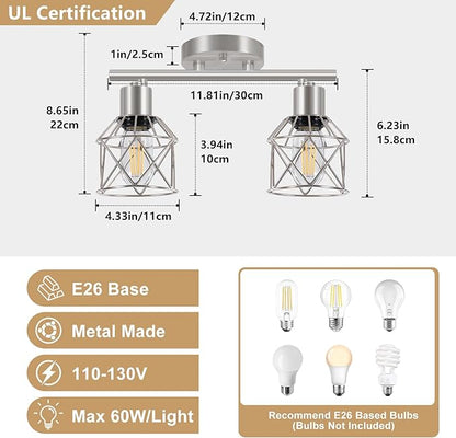 Baocuz 2-Light Brushed Nickel Semi Flush Mount Ceiling Light, Hallway Light Fixtures with Metal Wire Cage, Vintage Adjustable Track Spotlight Ceiling Fixtures for Dining Room, Farmhouse, Entryway