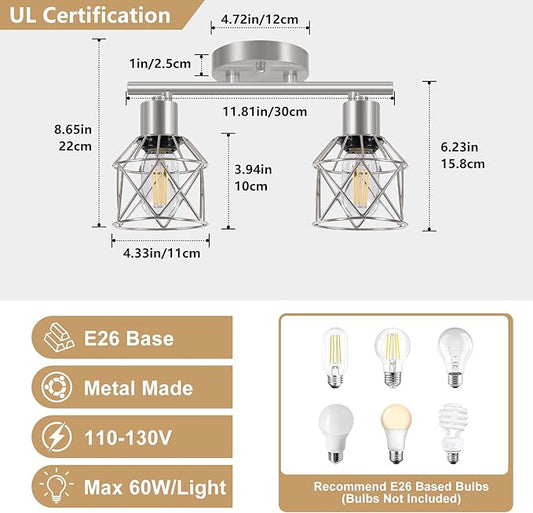 Baocuz 2-Light Brushed Nickel Semi Flush Mount Ceiling Light, Hallway Light Fixtures with Metal Wire Cage, Vintage Adjustable Track Spotlight Ceiling Fixtures for Dining Room, Farmhouse, Entryway