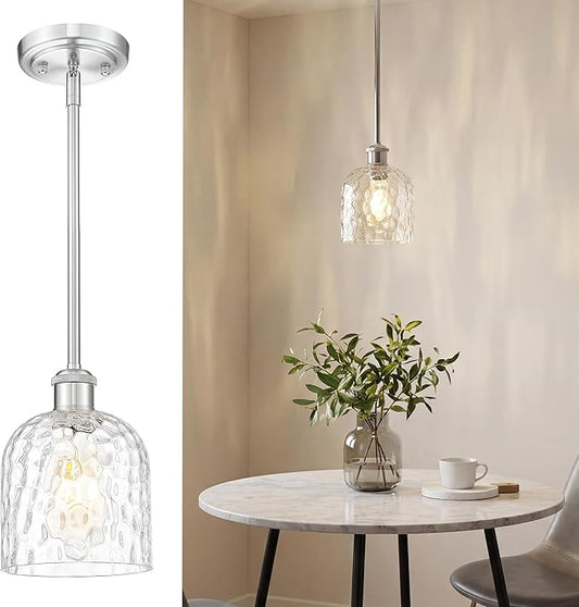 zeyu Industrial Pendant Light,1-Light Hanging Light Fixture Kitchen, Brushed Nickel Hanging Light with Clear Hammered Glass, ZJF63MIL-L BN