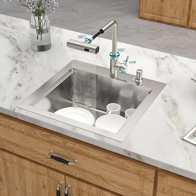 21 Inch Drop In Outdoor Kitchen Sink Bar Prep Sink Workstation 16 Gauge Stainless Steel Single Bowl Small Sinks With Pull-out Faucet 21"x20"x9"