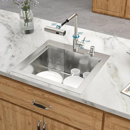 21 Inch Drop In Outdoor Kitchen Sink Bar Prep Sink Workstation 16 Gauge Stainless Steel Single Bowl Small Sinks With Pull-out Faucet 21"x20"x9"