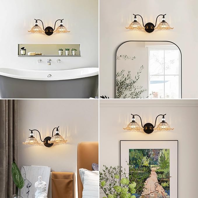 Vintage Bathroom Vanity Light Fixtures - 2 Light Antique Matte Black Bathroom Lights Fixture Over Mirror with Amber Flower Glass,Retro High End Wall-Mounted Vanity Lighting for Bath Powder Room