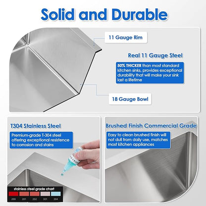ROVOGO 20 inch Drop in Bar Sink 304 Stainless Steel, 20"x16" Wet Bar Prep Sink Single Bowl for Small Kitchen, 9" Deep Sink Top Mount with 2-Hole & Drain Assembly, Brushed