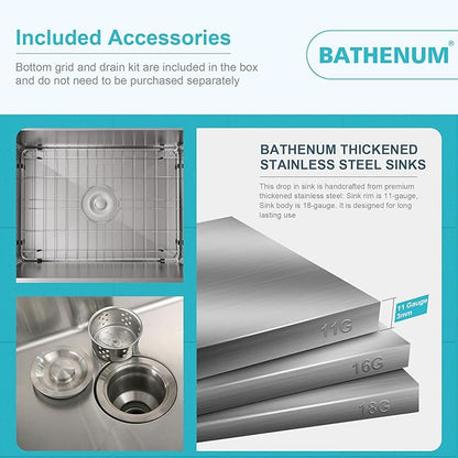 22" x 18" Drop in Kitchen Sink 304 Stainless Steel Single Bowl Topmount Kitchen Sink with Drain Kit and Bottom Grid, Brushed