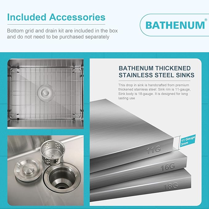 20" x 16" Drop in Kitchen Sink 304 Stainless Steel Single Bowl Topmount Kitchen Sink with Drain Kit and Bottom Grid, Brushed