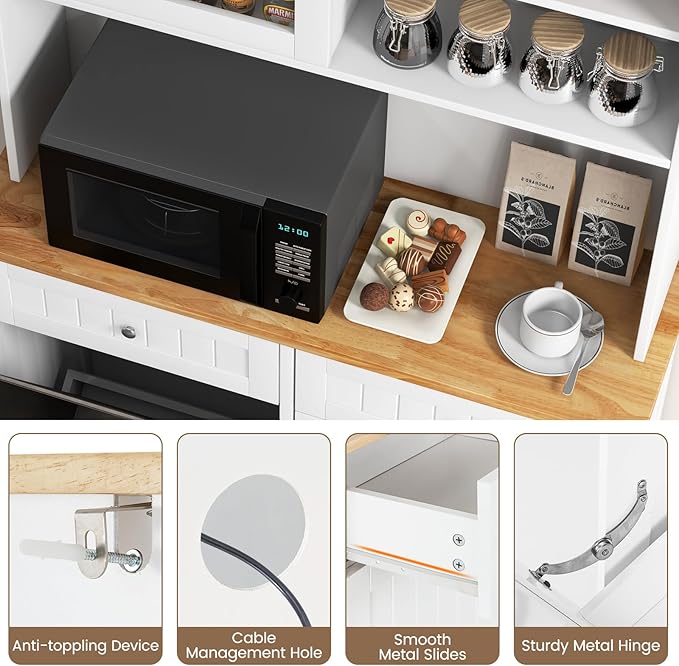 LOKO 68” Tall Kitchen Pantry Cabinet, Wood Sideboard Cupboard with Microwave Countertop, Sliding Glass Door, Freestanding Buffet Hutch with Trash Can Storage, for Home Coffee Bar, White & Natural