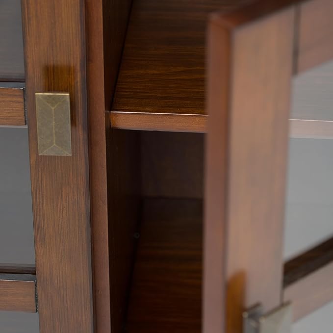 SIMPLIHOME Artisan Storage Cabinet - 38 inch Wide Solid Wood Medium Cabinet in Russet Brown, Transitional Accent Cabinet for Living Room or Dining Room with Glass Doors and Adjustable Shelves