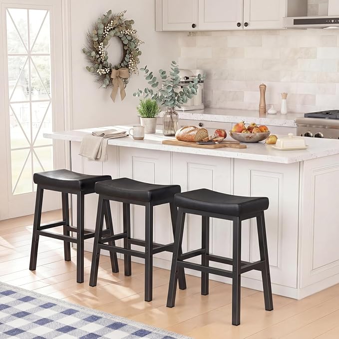 WINAZ Modern Backless Bar Stools Set of 2, 24 Inch Counter Height Stools with Footrest, Matte Finish Metal Legs, Padded Faux Leather Kitchen Island Chairs, Space Saving Stationary Design, Black