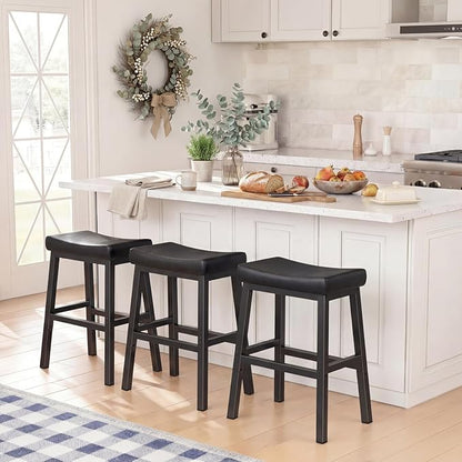 WINAZ Modern Backless Bar Stools Set of 2, 24 Inch Counter Height Stools with Footrest, Matte Finish Metal Legs, Padded Faux Leather Kitchen Island Chairs, Space Saving Stationary Design, Black