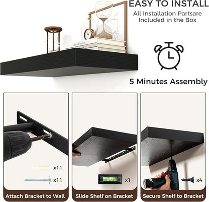 Venusmiles Floating Shelves for Wall, 55 Inch Wide x 12 Inch Deep Floating Shelves, Long Wood Floating Wall Shelf Shelves for Living Room Bathroom Bedroom Kitchen Home - (Black, 55" W x 12" D x 2" H)
