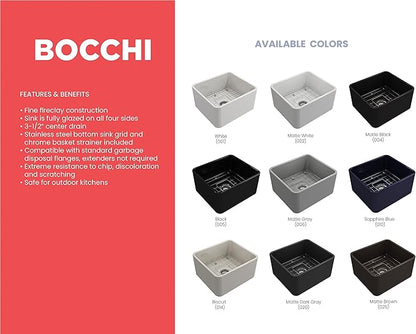 BOCCHI Classico Apron Front Fireclay 20 in. Single Bowl Kitchen Sink with Protective Bottom Grid and Strainer in Matte White