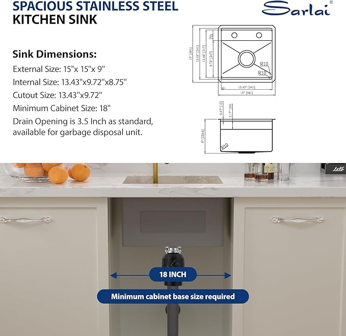 Sarlai Outdoor Sink, 15x15 Inch Gold Undermount Kitchen Sink Workstation with Foldable Faucet Bar Prep Single Bowl Gold Kitchen Sinks16 Gauge Stainless Steel BBQ Sinks with Cover 15"x15"x9"