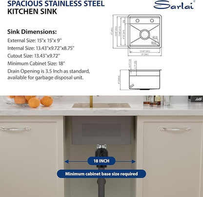 Sarlai Outdoor Sink, 15x15 Inch Gold Undermount Kitchen Sink Workstation with Foldable Faucet Bar Prep Single Bowl Gold Kitchen Sinks16 Gauge Stainless Steel BBQ Sinks with Cover 15"x15"x9"