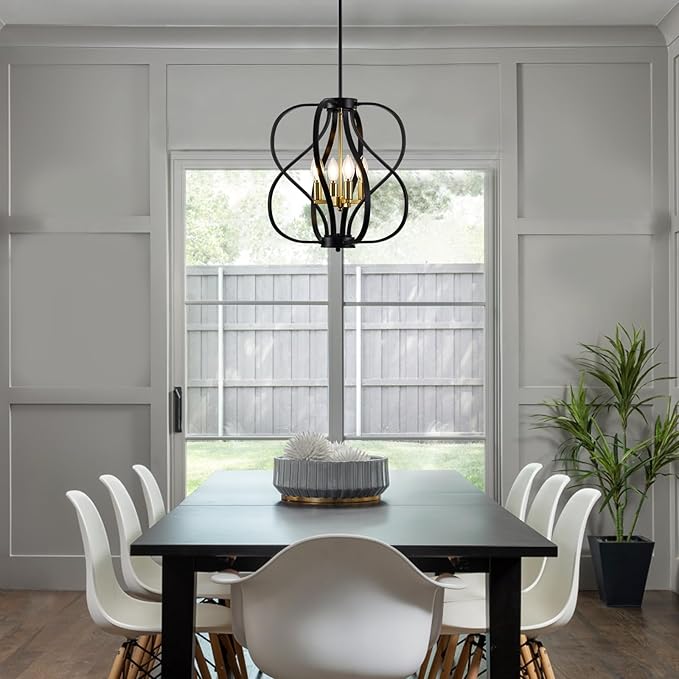 Black and Gold Chandelier Light Fixture, 18" Modern Farmhouse Industrial Chandelier, 4-Light Sphere Geometric Hanging Pendant Light Fixture for Dining Room Entryway Hallway Living Room Kitchen Island
