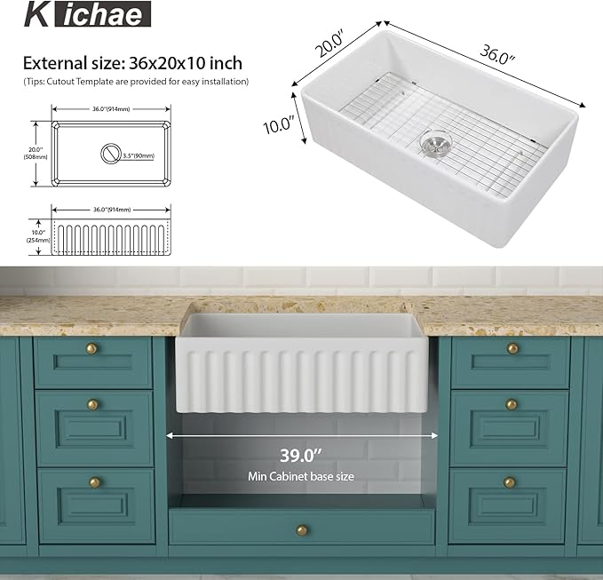 Kichae 36 Inch White Farmhouse Sink - 36 x 20 Farm Kitchen Sink Undermount Singe Bowl Apron Front Fireclay Ceramic Porcelain Farmer Style Large Deep Kitchen Sink Round Corner