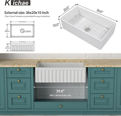 Kichae 36 Inch White Farmhouse Sink - 36 x 20 Farm Kitchen Sink Undermount Singe Bowl Apron Front Fireclay Ceramic Porcelain Farmer Style Large Deep Kitchen Sink Round Corner