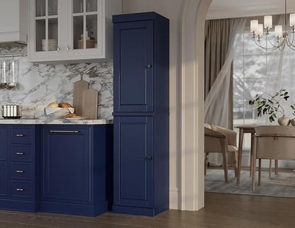 Palace Imports Solid Wood Kitchen Pantry - Narrow Storage Cabinet - Raised Panel Doors, Adjustable Shelves, Navy Blue, 16.5" Wide x 71.5" Tall, 100% Eco-Friendly Wood, Modular Pantry Cabinet Systems