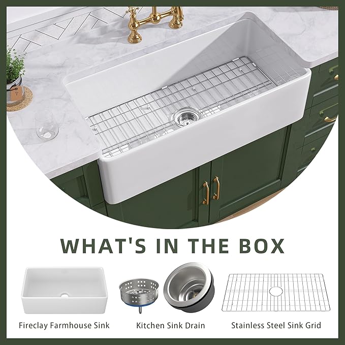 TUKTUK White Farmhouse Sink 30 inch Farm Sink Fireclay Apron Front Single Bowl Kitchen Sinks Deep Drop In Undermount Reversible Heavy Duty Easy-to-Clean Kitchen Basin with Luxury Modern Accessory Kit