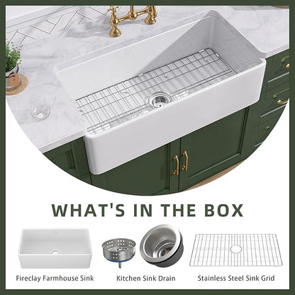 TUKTUK White Farmhouse Sink 33 inch Fireclay Apron Front Farm House Kitchen Sink Single Bowl Deep Drop In Undermount Reversible Heavy Duty Easy to Clean Porcelain Kitchen Basin Modern Luxury Accessory