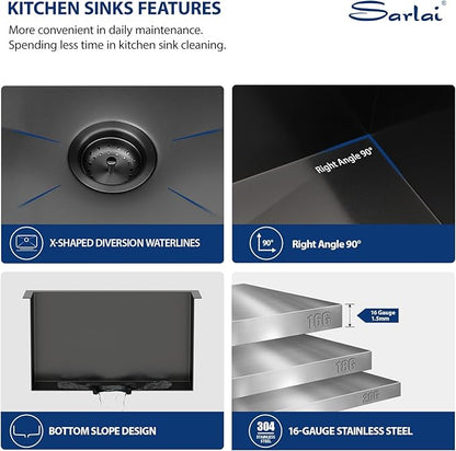 Sarlai Black Undermount Laundry Sink 21 Inch - 12 Inch Deep Undermount Laundry Utility Gunmetal Black Sink Single Bowl Kitchen Sinks 16 Gauge Stainless Steel Laundry Tub Sinks Basin 21"x18"x12"