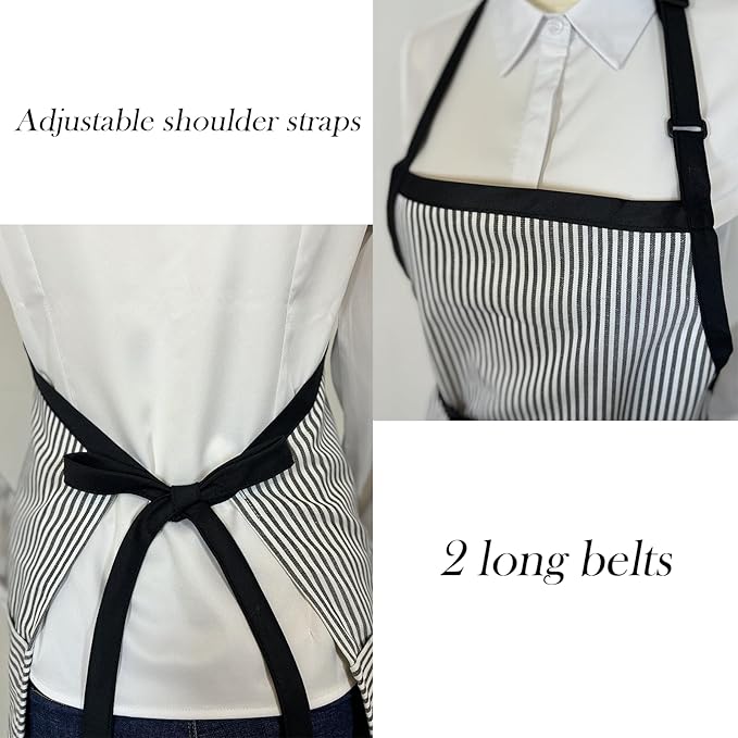 Kitchen Apron with 3 Pocket, Adjustable Server Apron, Waitress Apron with Pockets Stripes